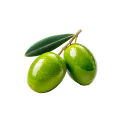 Obraz premium Two fresh green olives with a single leaf attached