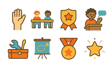 Youth Empowerment Icons. Flat vector mini-illustrations Youth empowerment programs in colors children's