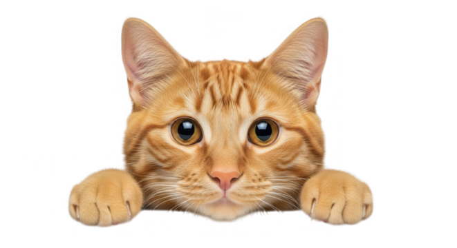 An adorable orange tabby cat peeking over a surface isolated on transparent background