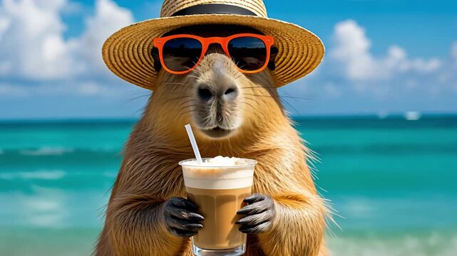 A capybara wearing a straw hat and sunglasses holds a glass of iced coffee at the beach. The ocean and blue sky are in the background.