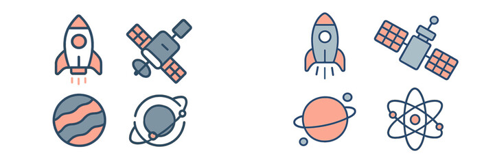 Vector illustration of rockets, satellites, and planets in space