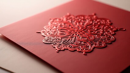 Delicate, intricate red design adorns a card, showcasing fine details and elegant craftsmanship.