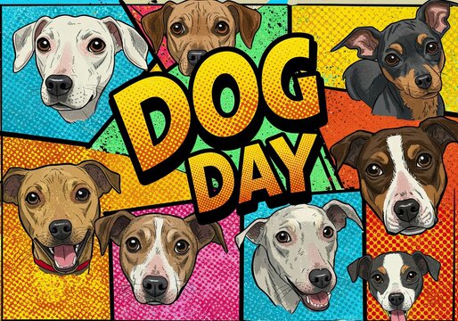 Celebrating Dog day with a pop art styled illustration of various happy dog faces. Pet care and animal adoption concept for holiday. - Powered by Adobe