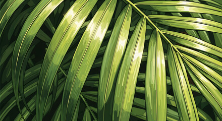 Vibrant Green Palm Leaf Pattern Illustration, Lush Foliage Background