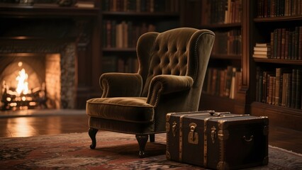 Cozy Armchair by Fireplace in Library with Vintage Trunk