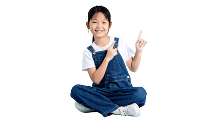 A girl pointing her fingers while smiling widely in a sitting position. She is dressed casually on PNG 