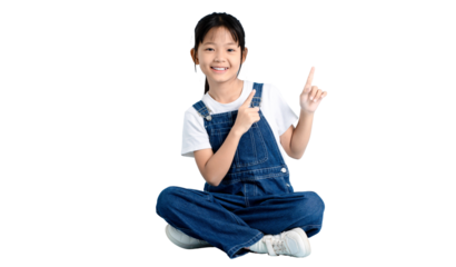 A girl pointing her fingers while smiling widely in a sitting position. She is dressed casually on PNG 