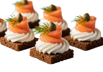 Several delicate canapés with pumpernickel, cream cheese, smoked salmon, capers, and dill, isolated on a transparent background, soft studio lighting, close-up shot, gourmet culinary art concept