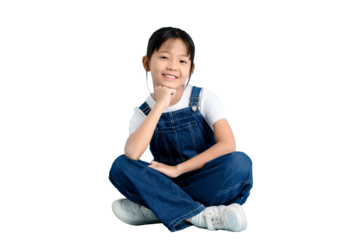 A girl listening to music with earphones on. She is wearing denim overalls and a white shirt.  on PNG 