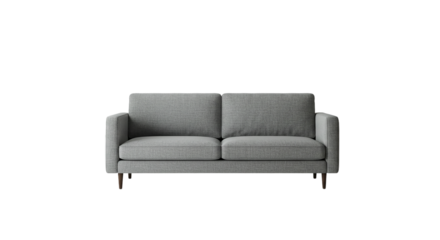 A minimalistic light gray two seater sofa with square arms on a black background in studio lighting