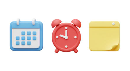 Cartoon calendar clock and sticky note on a black background in a rendered illustration style