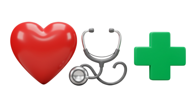 Red heart shape stethoscope and green plus sign on a black background in a digital rendering