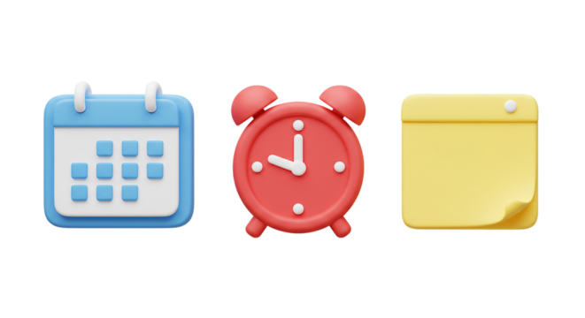 Cartoon calendar clock and sticky note on a black background in a rendered illustration style