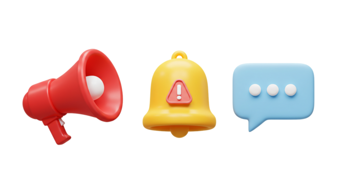A red megaphone a yellow bell with an exclamation point and a blue speech bubble on black background