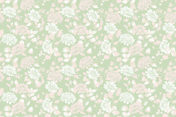 Seamless vector floral pattern with soft pink and white chrysanthemum flowers on a pastel green background. Designs for fabric, wallpaper, packaging, and decor