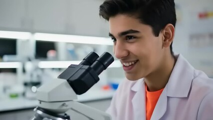 Teenager using microscope in lab.