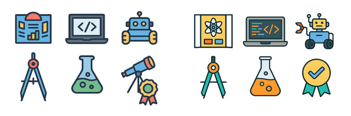 Icons for technology, science, and education activities