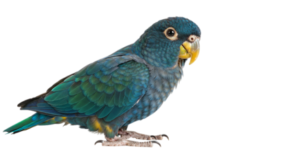 A blue headed parrot perched with a yellow beak on a black background looking to the right side