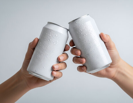 Cheers with Two White Cans Mockup &ndash; People Holding Beverage Cans