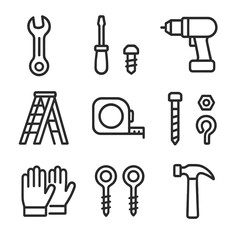 Obraz premium Swing Installation Tools. Outline icon set of swing installation tools: wrench, screwdriver, drill, ladder, measuring tape, bolts,