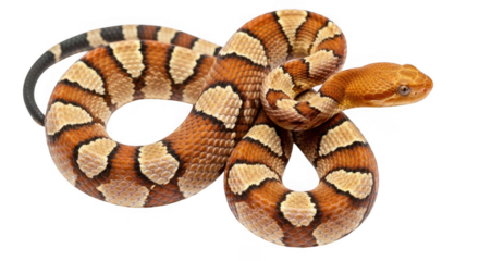 A coiled copperhead snake with distinct orange and white patterns isolated on transparent background