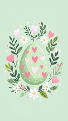 Fototapeta premium Pastel Easter egg surrounded by flowers and leaves (1)