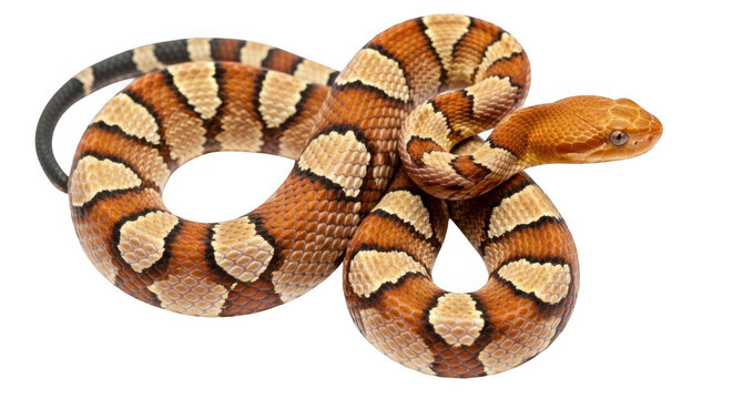 A coiled copperhead snake with distinct orange and white patterns isolated on transparent background