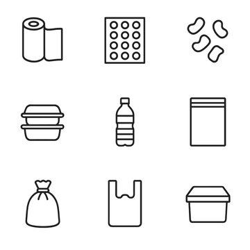 Synthetic Packaging Icons. Outline icon set of synthetic packaging materials: plastic wrap, bubble wrap, foam peanuts, polystyrene