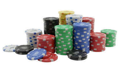 Stacks of assorted colored poker chips arranged on a black background for casino style games and gambling