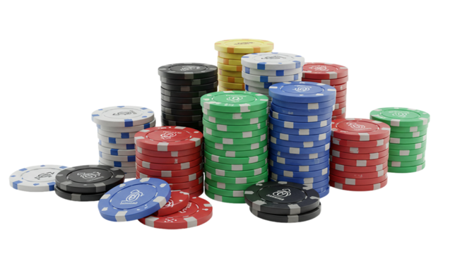 Stacks of assorted colored poker chips arranged on a black background for casino style games and gambling
