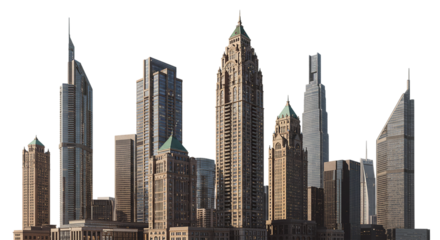 A skyline view showcasing various skyscrapers against a black background in an urban environment