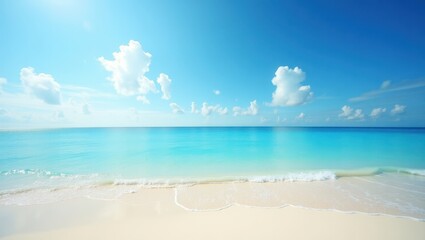A tranquil beach scene showcases a vibrant turquoise ocean meeting pristine white sand, with fluffy white clouds against a brilliant blue sky.