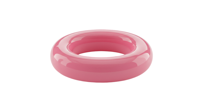 A glossy pink torus shape isolated against a stark black background in a studio setting with soft lighting