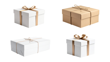 Gift box wrapped with gold bow and red ribbon isolated on white background
