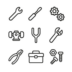 Obraz premium Tool Icon Set. Outline icon set of tune-up tools: wrench, screwdriver, gears, machine, tuning key, adjustable wrench, pliers,