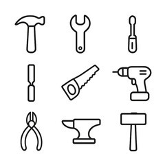 Obraz premium Icon Set of Tools. Outline icon set of durable tools: hammer, wrench, screwdriver, chisel, saw, drill, pliers, anvil, sledgehammer