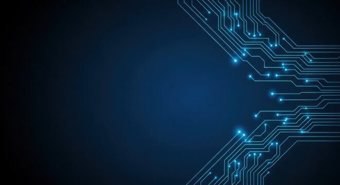 Close-up of a futuristic blue circuit board with glowing connections and data flow abstract
