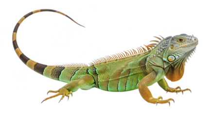 Green iguana with a long, banded tail isolated on white isolated on transparent background
