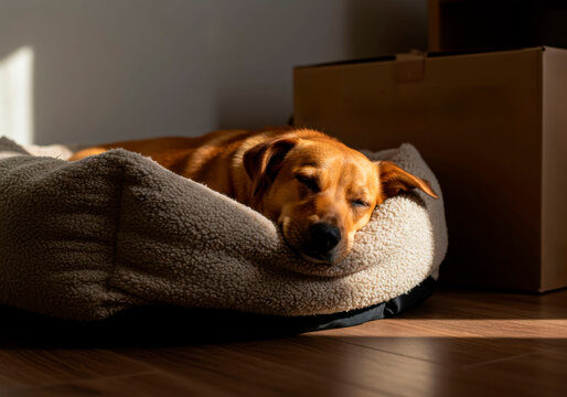 Brown dog sleeping soundly in a cozy dog bed on a wooden floor in the sunlight, resting peacefully on dog day.