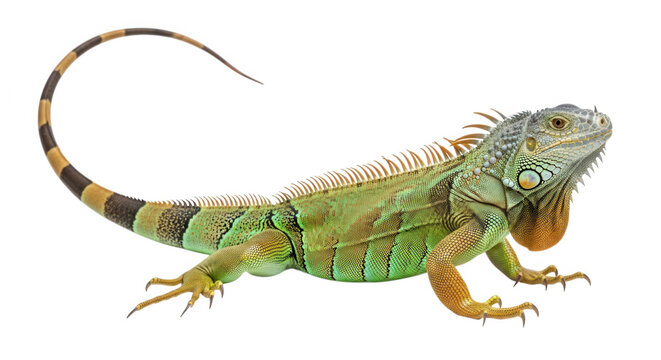 Green iguana with a long, banded tail isolated on white isolated on transparent background