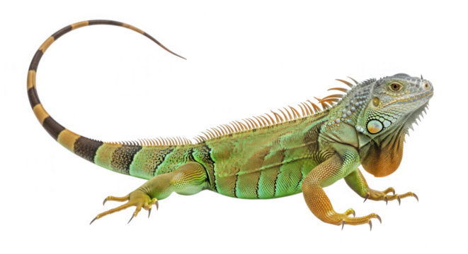 Green iguana with a long, banded tail isolated on white isolated on transparent background