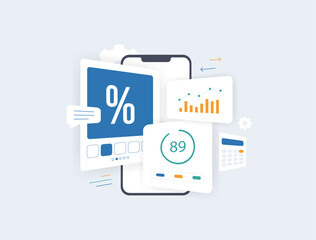 Ecommerce discount analysis with charts and performance metrics. Successful discount strategy for marketplace marketing companies, measuring sales growth and digital business outcomes illustration