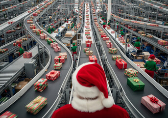 From an over-the-shoulder perspective, Santa Claus watches over his enchanting, modern Christmas workshop.