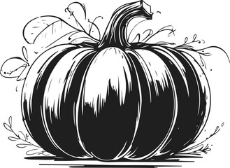 Black and white hand-drawn pumpkin vector, minimal doodle ink line art, bold smooth strokes, abstract early autumn harvest silhouette, professional high-quality vector illustration 1