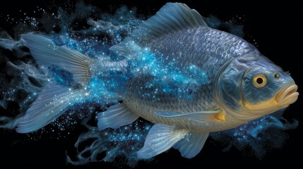 Naklejka premium Dynamic Fish Mid Transformation with Shimmering Blue Particles Floating in Dark Backdrop