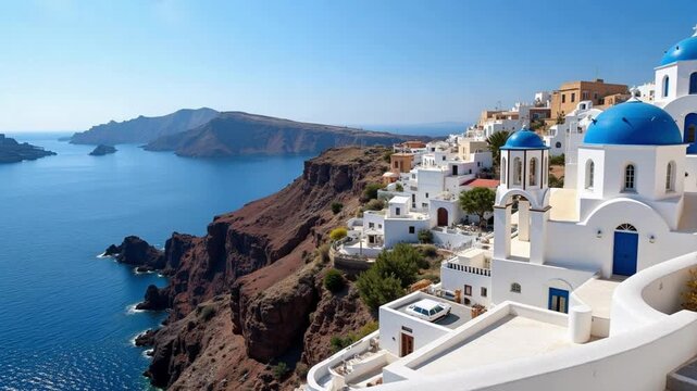Stunning aerial views of Santorini, Greece, showcasing whitewashed buildings, blue domes, and caldera vistas over the Aegean Sea in breathtaking 4k