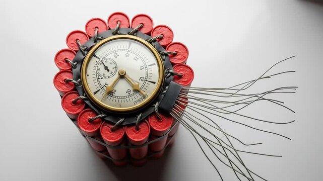 An explosive device with a timer surrounded by red sticks of dynamite.