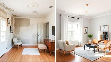 Fototapeta premium Side-by-side room transformation showing worn outdated decor versus fresh modern furnishings under soft natural lighting.