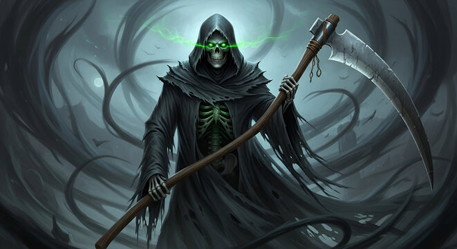  Hooded Grim Reaper with Scythe Surrounded by Writhing Tentacles — Dark Fantasy Harbinger