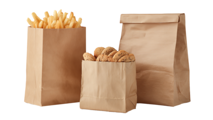 Three brown paper bags filled with delicious french fries and fresh bread rolls, ready for takeaway.